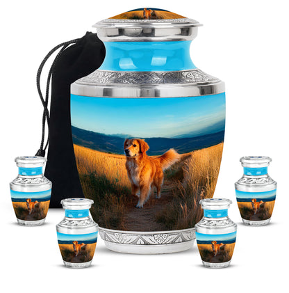 Tropical Teal Dog Cremation Urn lifestyle display on memorial shelf - stylized abstract dog pattern with bold lines - memorial set with one large and four small urns