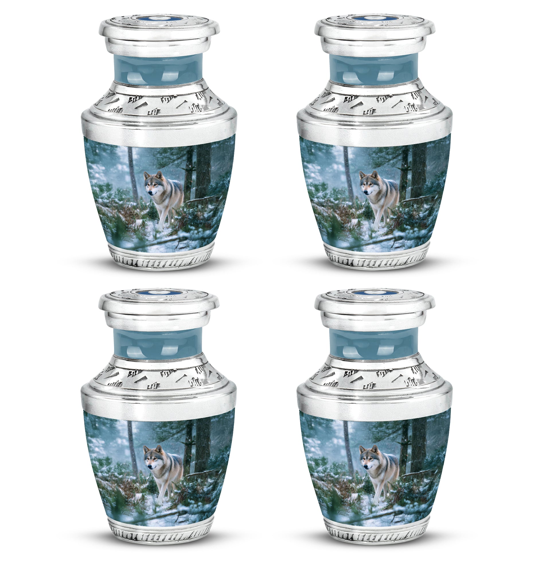 Twilight Blue Dog Cremation Urn back view with polished surface - artistic dog interpretation with creative detail - 10 inch aluminum urn for cremated remains