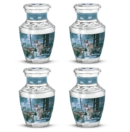 Twilight Blue Dog Cremation Urn back view with polished surface - artistic dog interpretation with creative detail - 10 inch aluminum urn for cremated remains