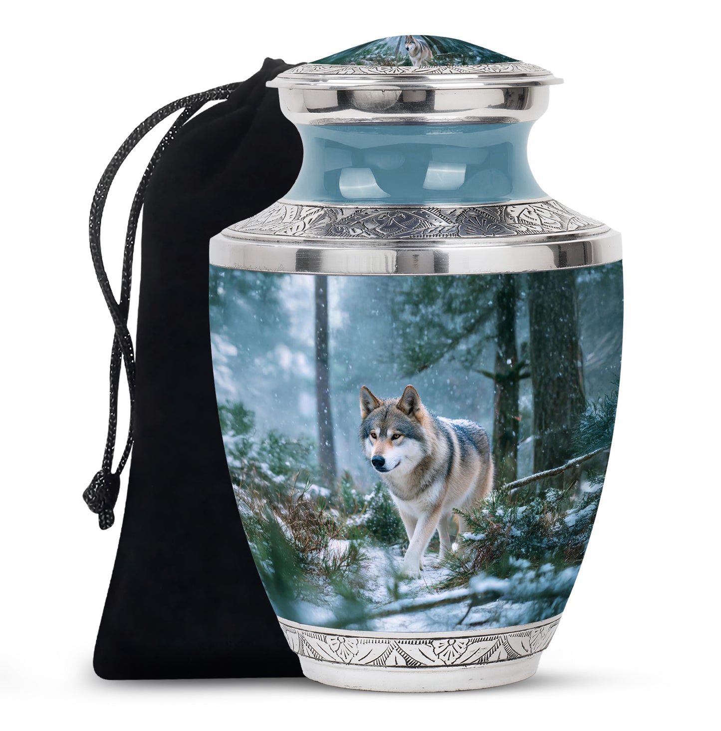 Steel Blue Dog Cremation Urn side profile showing urn shape - artistic dog interpretation with creative detail - full-size 10 inch 200 cubic inch adult cremation urn