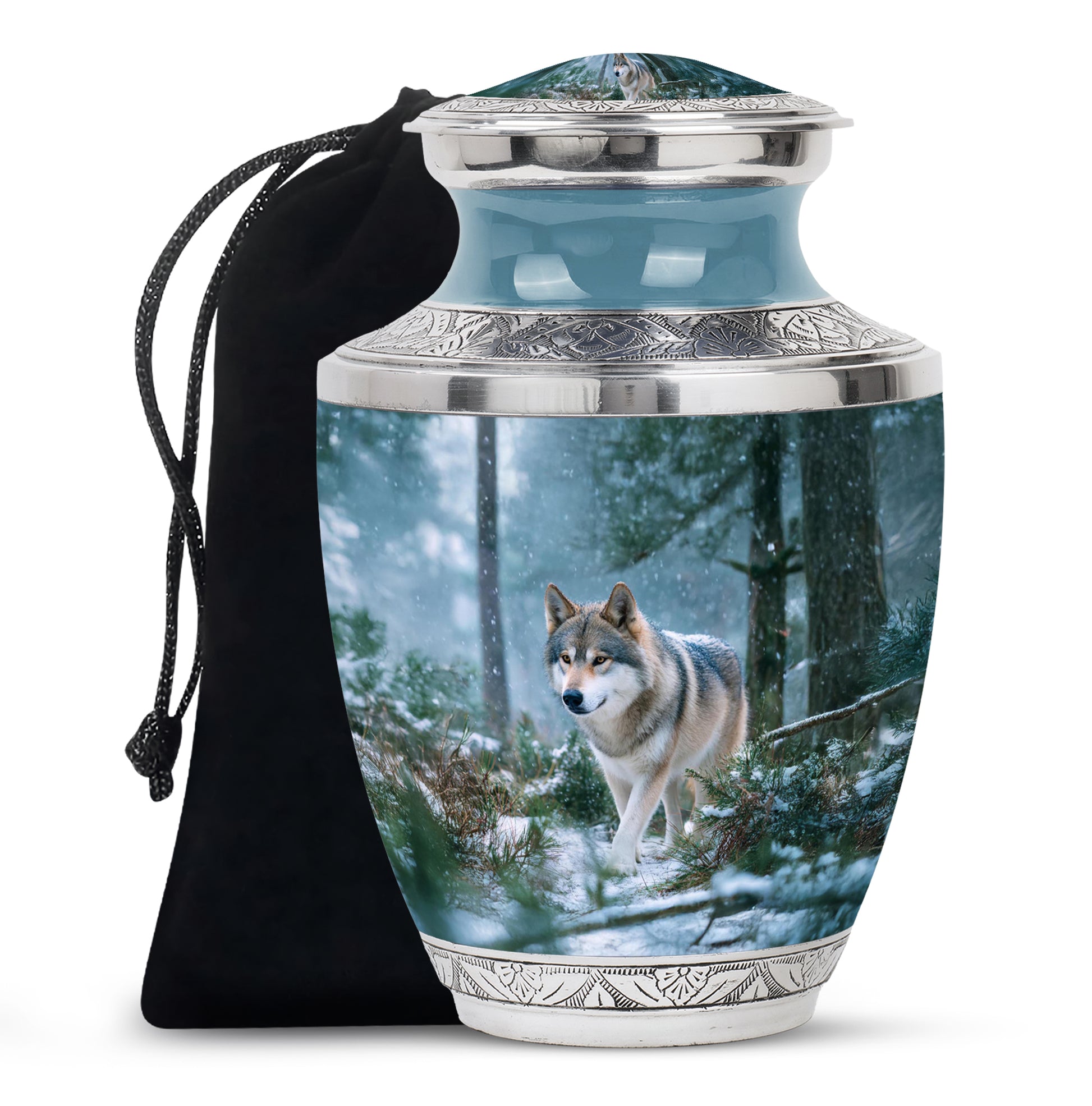 Steel Blue Dog Cremation Urn side profile showing urn shape - artistic dog interpretation with creative detail - full-size 10 inch 200 cubic inch adult cremation urn
