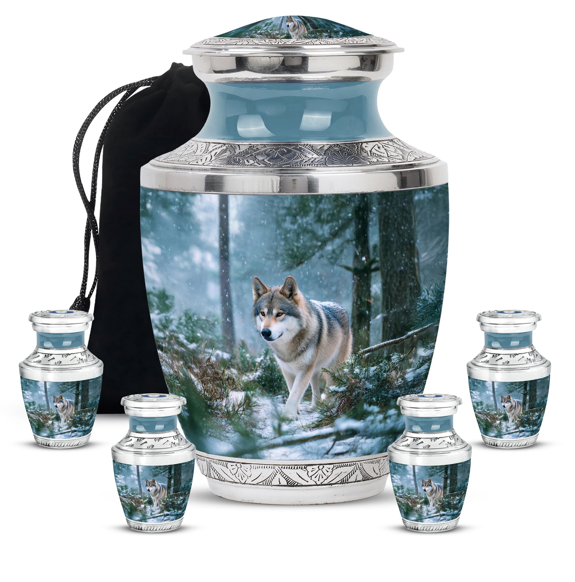 Navy Blue Dog Cremation Urn lifestyle display on memorial shelf - modern art-inspired dog motif on sleek aluminum - memorial set with one large and four small urns