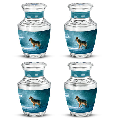 Aqua Teal Dog Cremation Urn back view with polished surface - artistic dog interpretation with creative detail - 10 inch aluminum urn for cremated remains