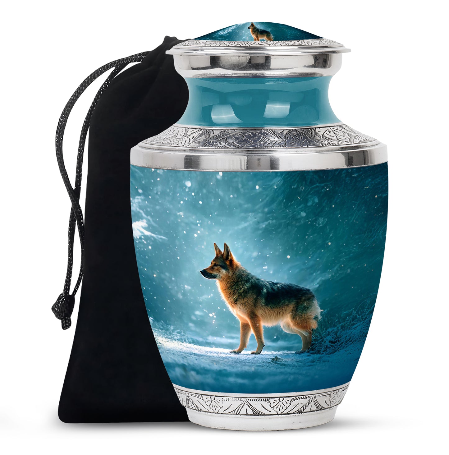 Vivid Teal Dog Cremation Urn side profile showing urn shape - artistic dog interpretation with creative detail - full-size 10 inch 200 cubic inch adult cremation urn