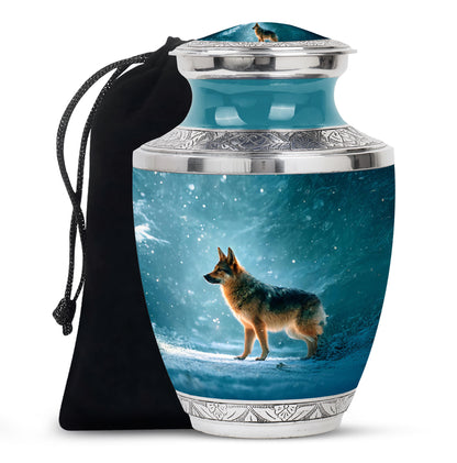 Vivid Teal Dog Cremation Urn side profile showing urn shape - artistic dog interpretation with creative detail - full-size 10 inch 200 cubic inch adult cremation urn