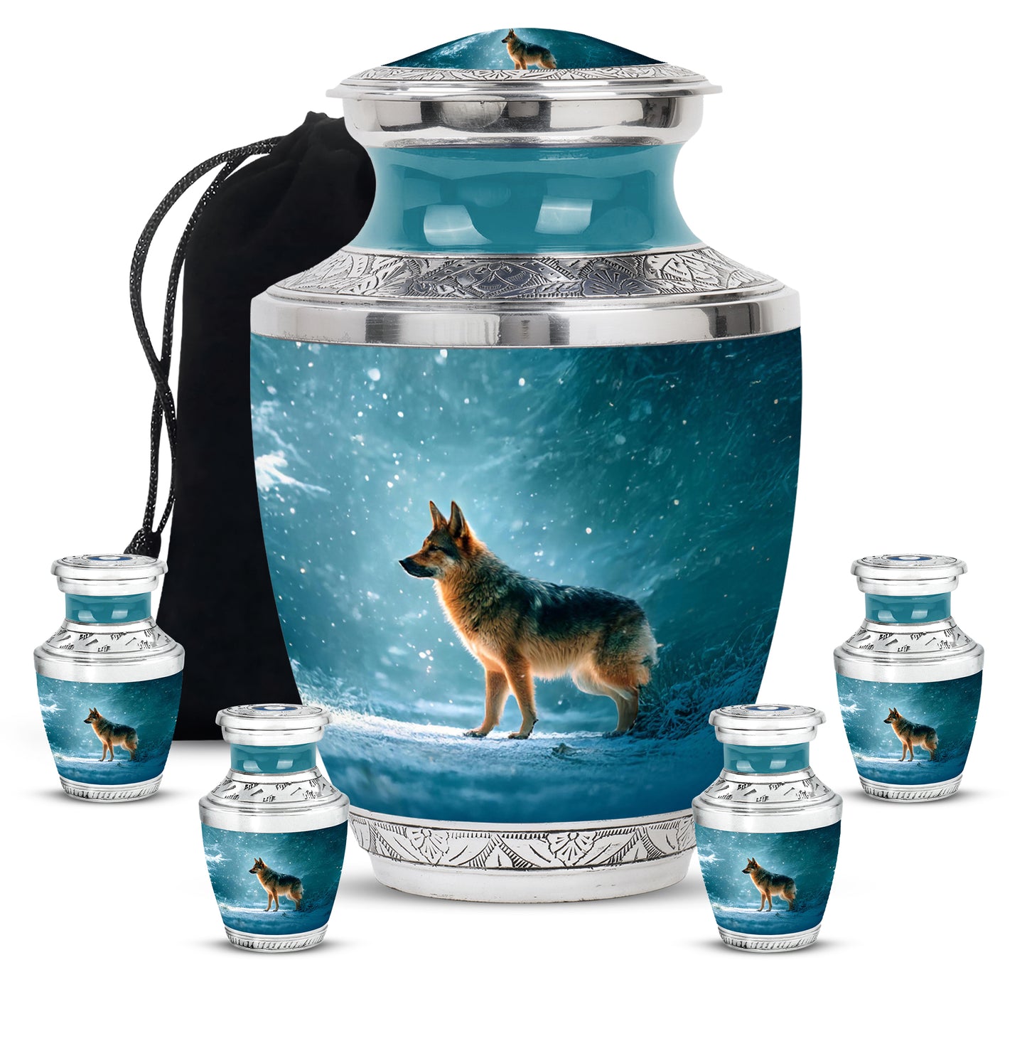 Soft Teal Dog Cremation Urn lifestyle display on memorial shelf - modern art-inspired dog motif on sleek aluminum - memorial set with one large and four small urns