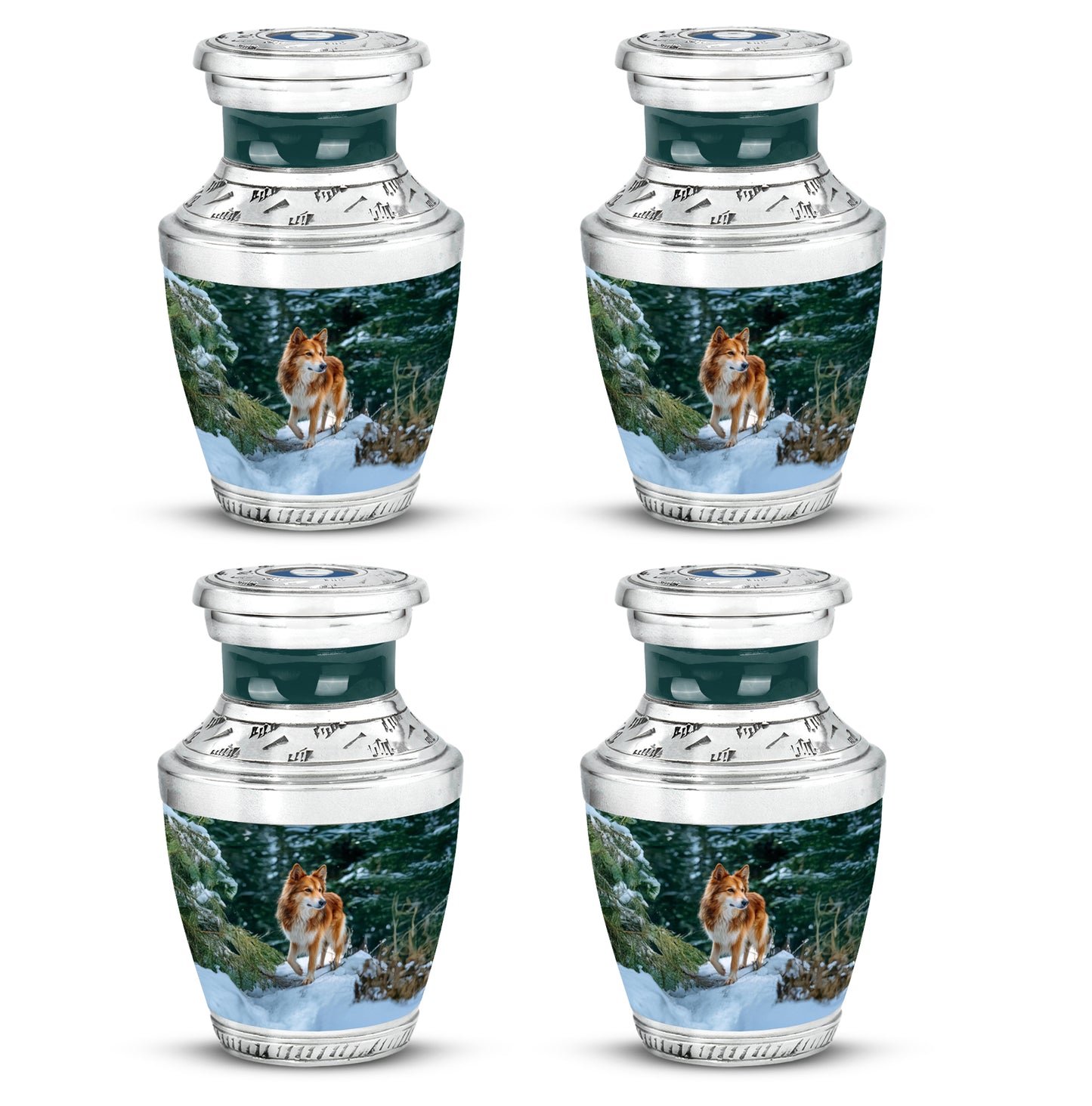 Jewel Teal Dog Cremation Urn back view with polished surface - modern art-inspired dog motif on sleek aluminum - 10 inch aluminum urn for cremated remains