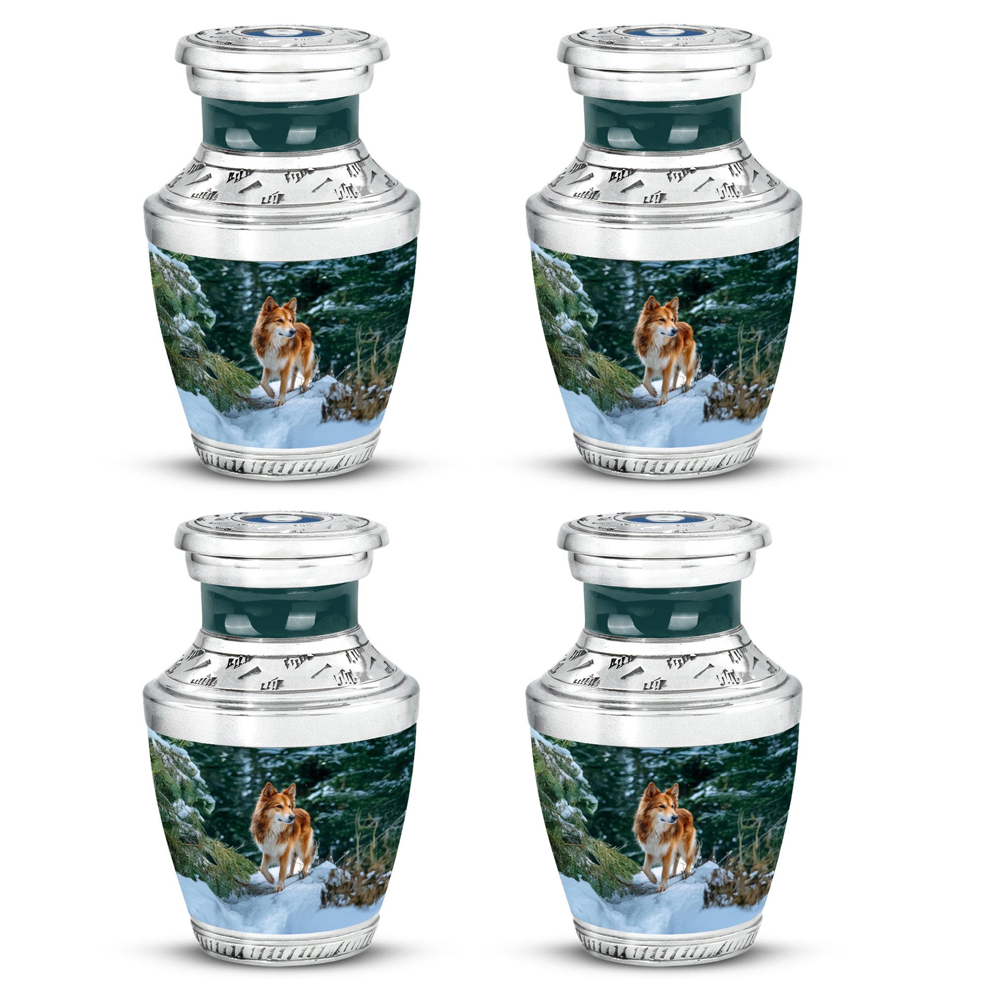 Jewel Teal Dog Cremation Urn back view with polished surface - modern art-inspired dog motif on sleek aluminum - 10 inch aluminum urn for cremated remains