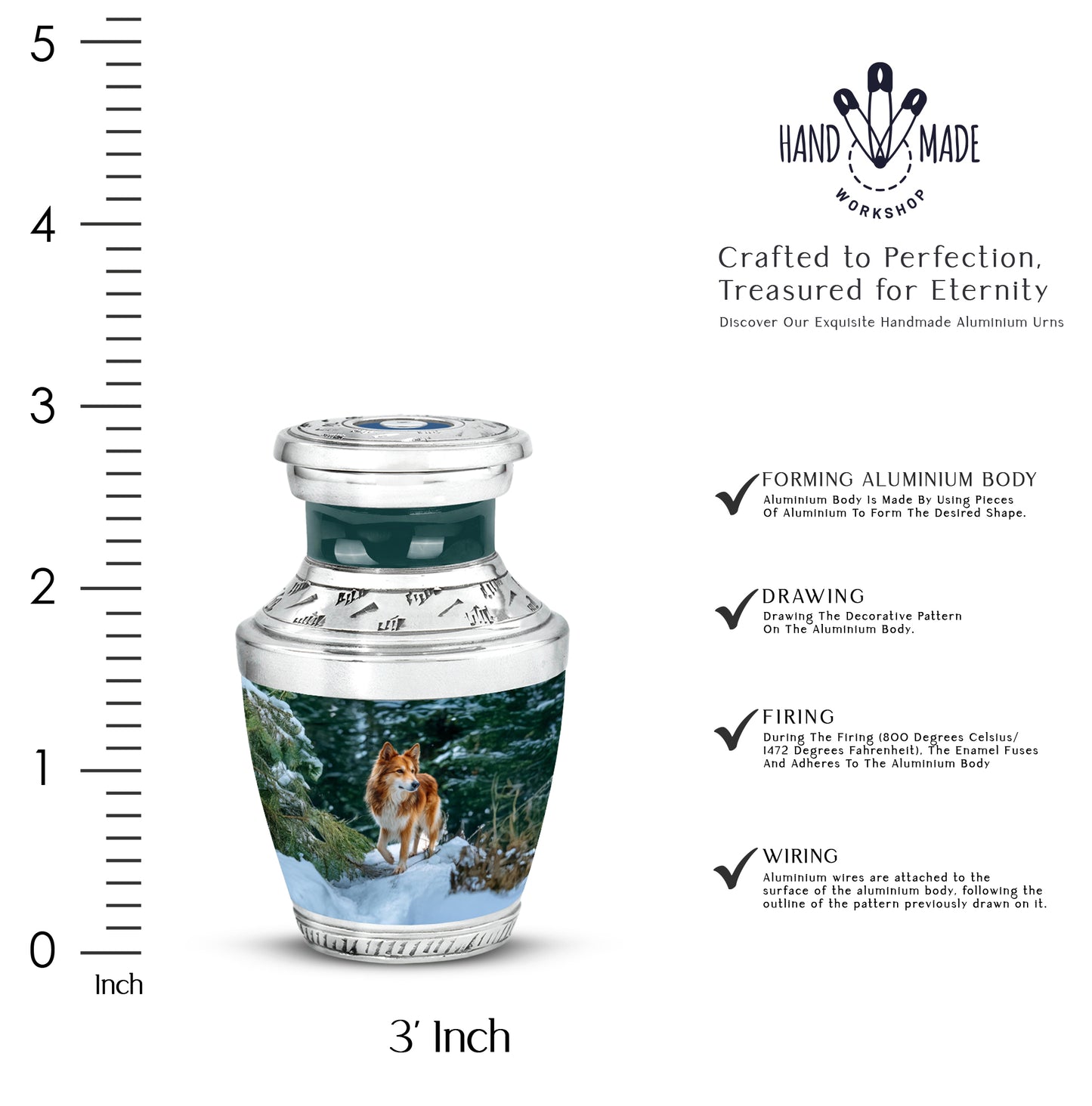Jewel Teal Dog Cremation Urn top-down view of secure threaded lid - modern art-inspired dog motif on sleek aluminum - mini keepsake memorial for portion of cremation ashes