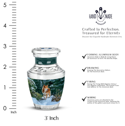 Jewel Teal Dog Cremation Urn top-down view of secure threaded lid - modern art-inspired dog motif on sleek aluminum - mini keepsake memorial for portion of cremation ashes