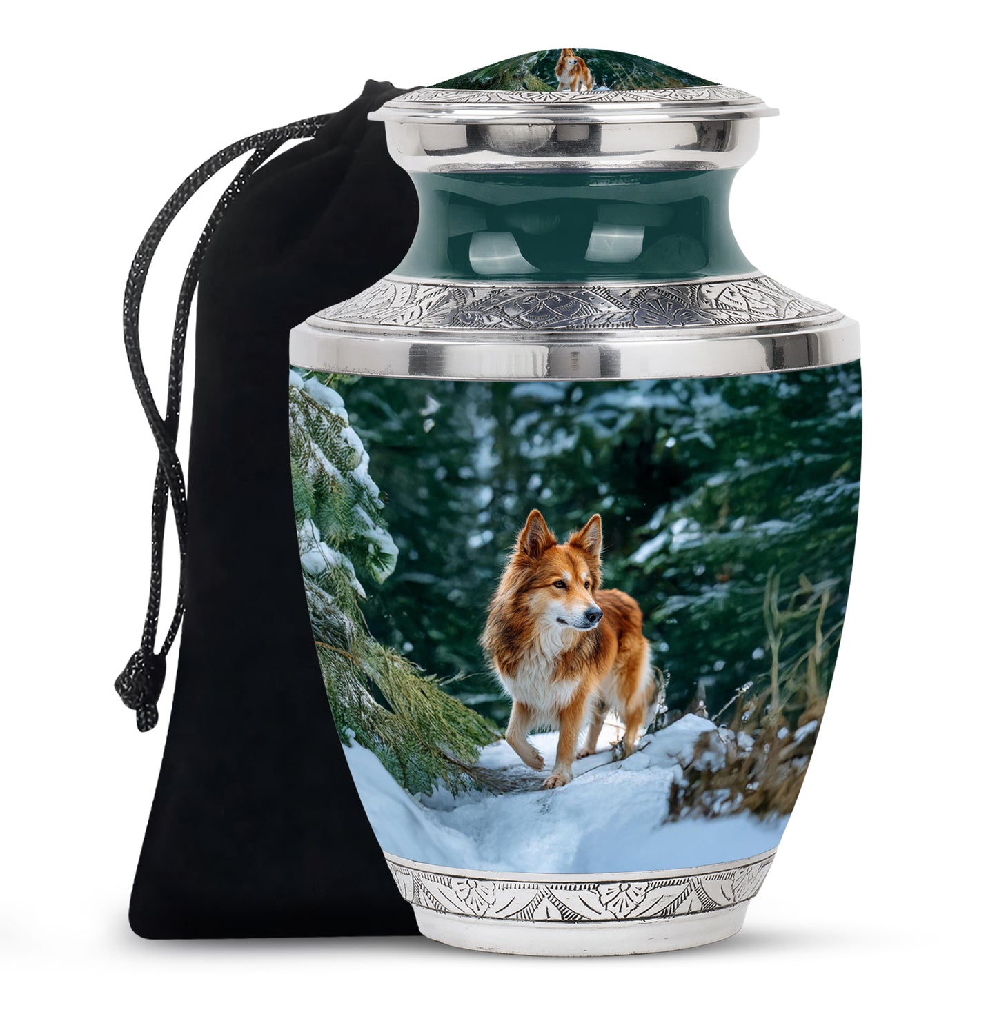 Soft Teal Dog Cremation Urn side profile showing urn shape - modern art-inspired dog motif on sleek aluminum - full-size 10 inch 200 cubic inch adult cremation urn