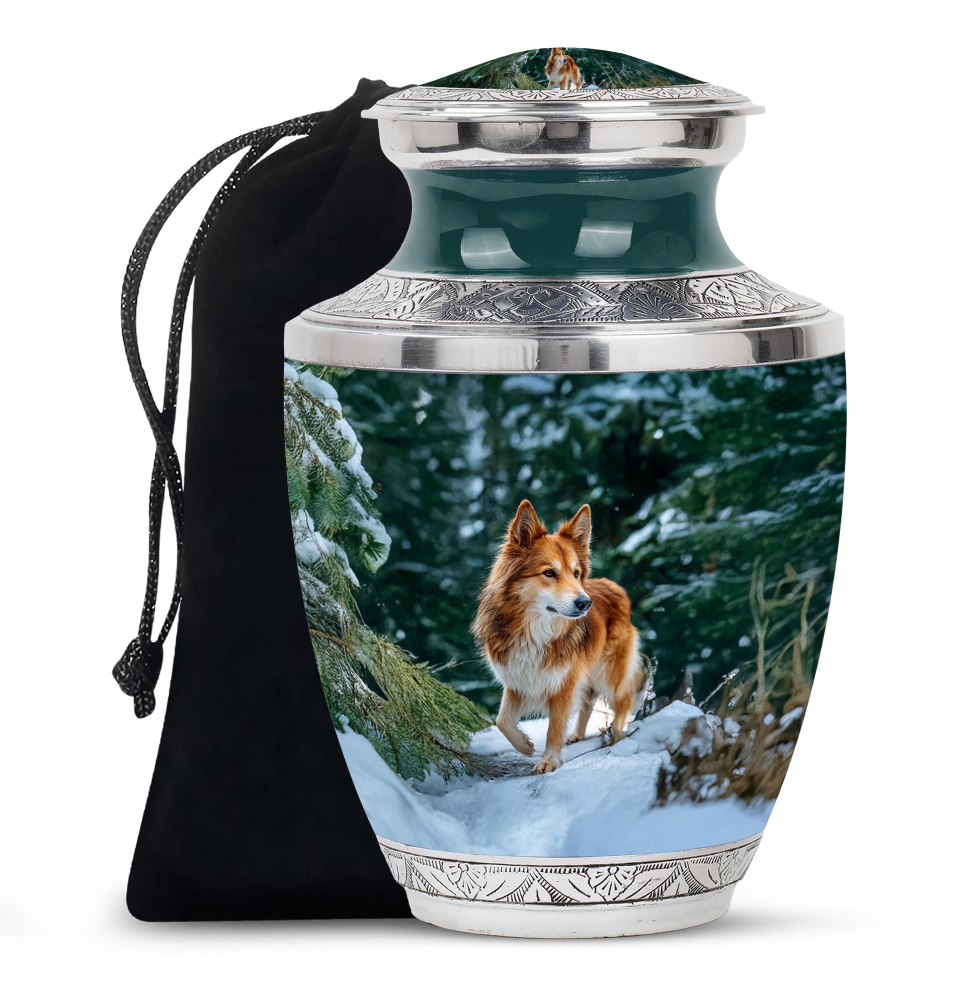 Soft Teal Dog Cremation Urn side profile showing urn shape - modern art-inspired dog motif on sleek aluminum - full-size 10 inch 200 cubic inch adult cremation urn
