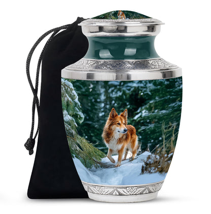 Soft Teal Dog Cremation Urn side profile showing urn shape - modern art-inspired dog motif on sleek aluminum - full-size 10 inch 200 cubic inch adult cremation urn
