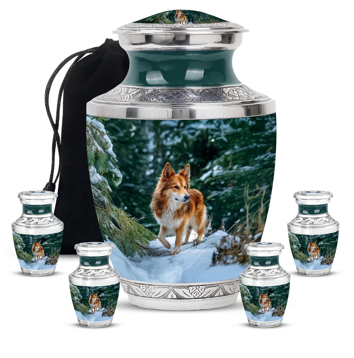 Mystic Teal Dog Cremation Urn lifestyle display on memorial shelf - artistic dog interpretation with creative detail - memorial set with one large and four small urns
