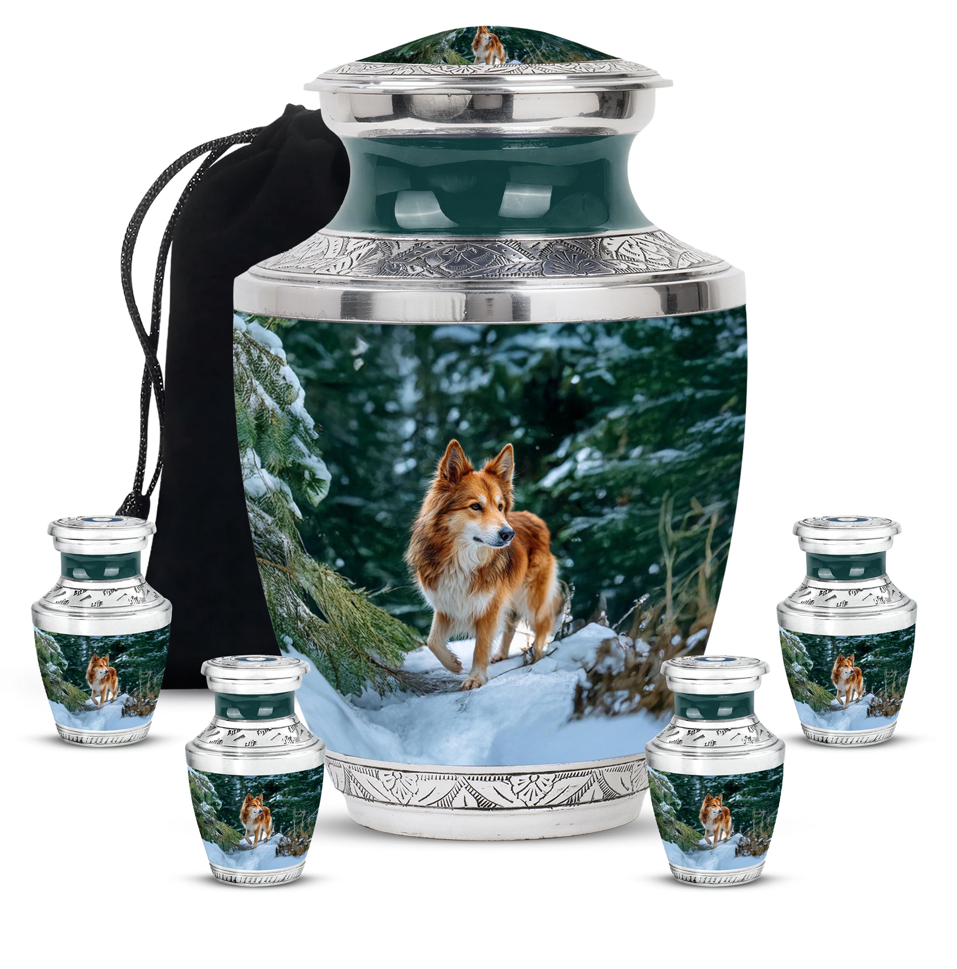 Mystic Teal Dog Cremation Urn lifestyle display on memorial shelf - artistic dog interpretation with creative detail - memorial set with one large and four small urns