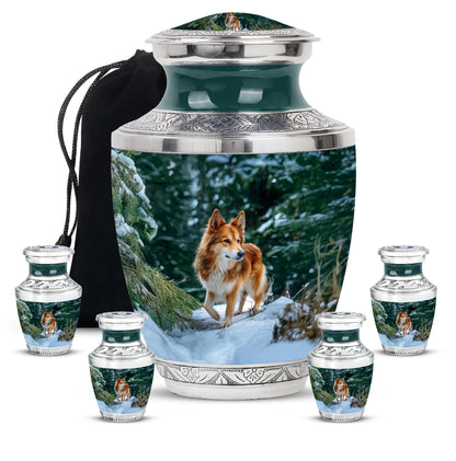 Mystic Teal Dog Cremation Urn lifestyle display on memorial shelf - artistic dog interpretation with creative detail - memorial set with one large and four small urns