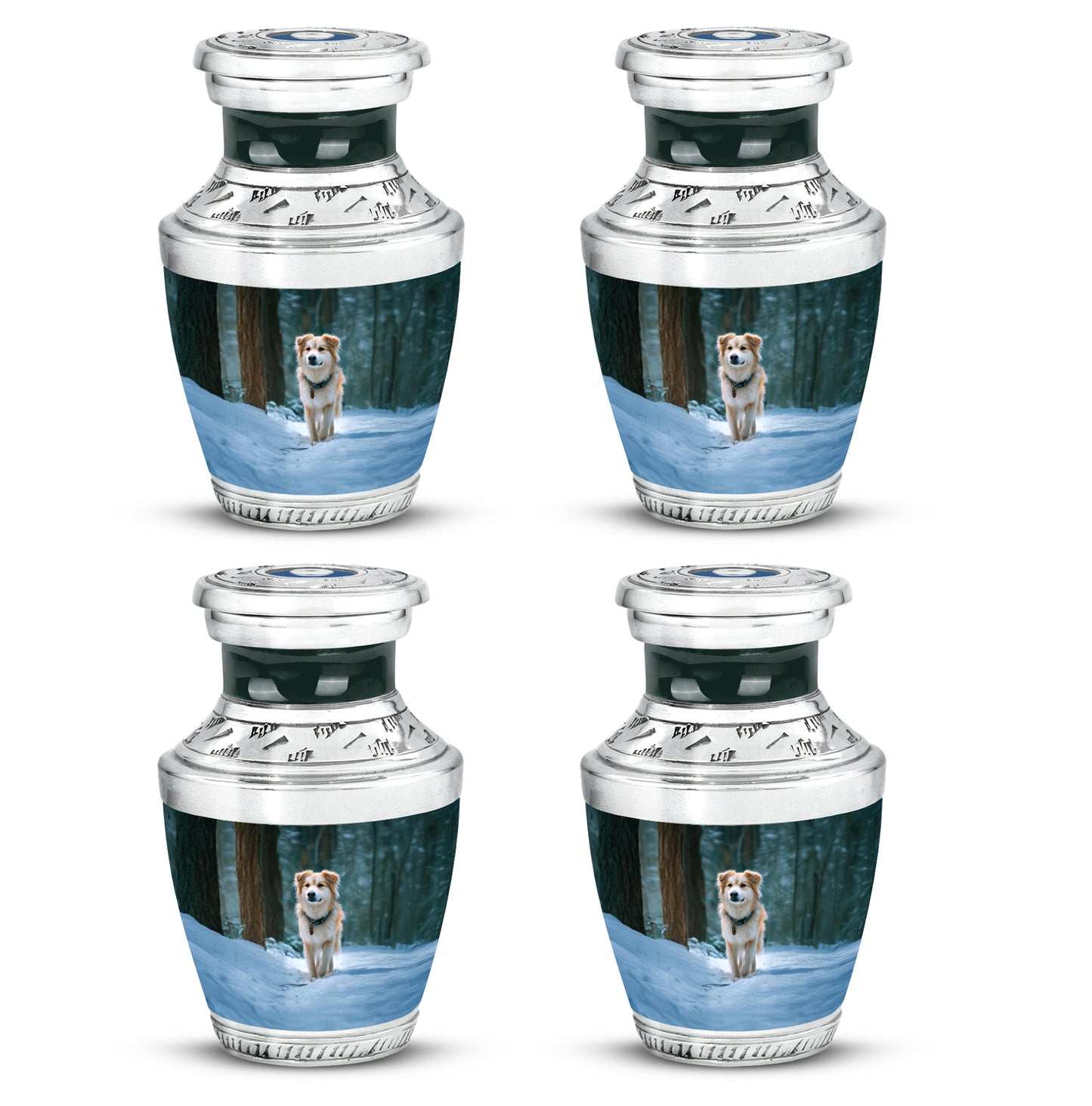 Aqua Teal Dog Cremation Urn back view with polished surface - stylized abstract dog pattern with bold lines - 10 inch aluminum urn for cremated remains