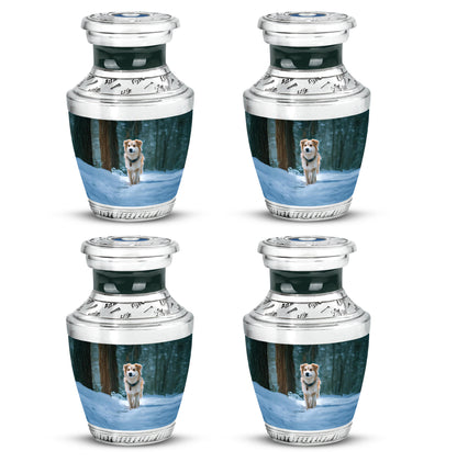 Aqua Teal Dog Cremation Urn back view with polished surface - stylized abstract dog pattern with bold lines - 10 inch aluminum urn for cremated remains