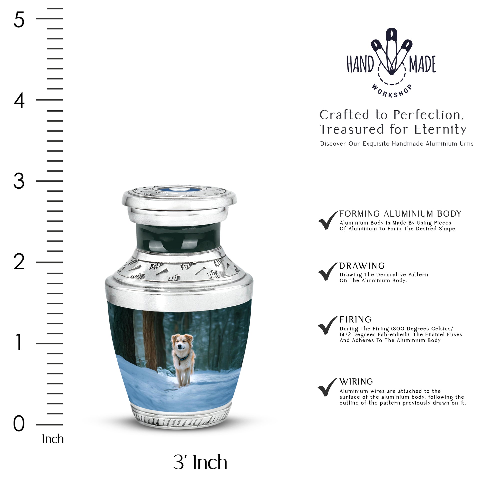 Deep Teal Dog Cremation Urn top-down view of secure threaded lid - stylized abstract dog pattern with bold lines - mini keepsake memorial for portion of cremation ashes
