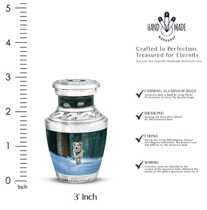 Deep Teal Dog Cremation Urn top-down view of secure threaded lid - stylized abstract dog pattern with bold lines - mini keepsake memorial for portion of cremation ashes