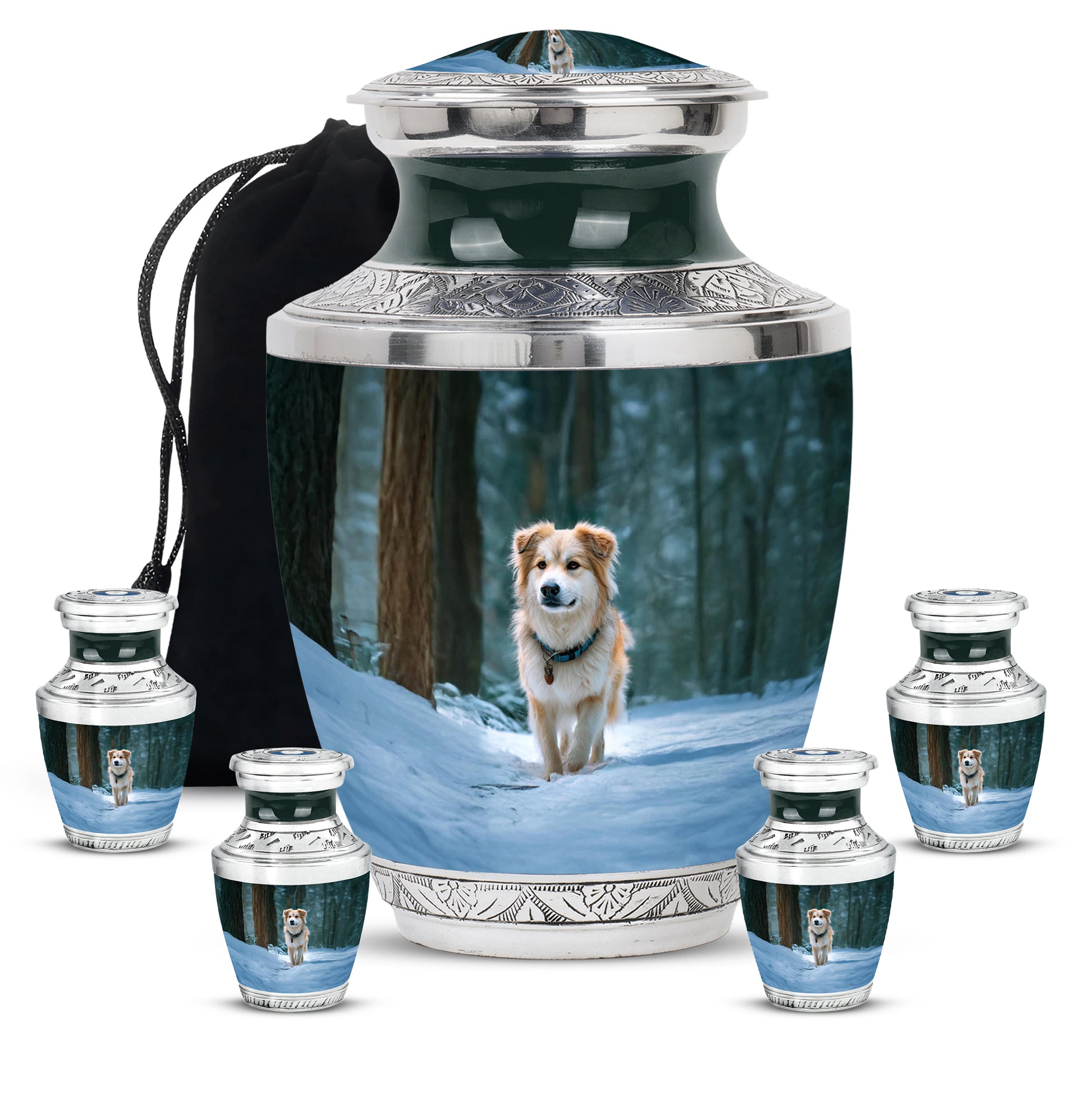 Mystic Teal Dog Cremation Urn lifestyle display on memorial shelf - artistic dog interpretation with creative detail - memorial set with one large and four small urns