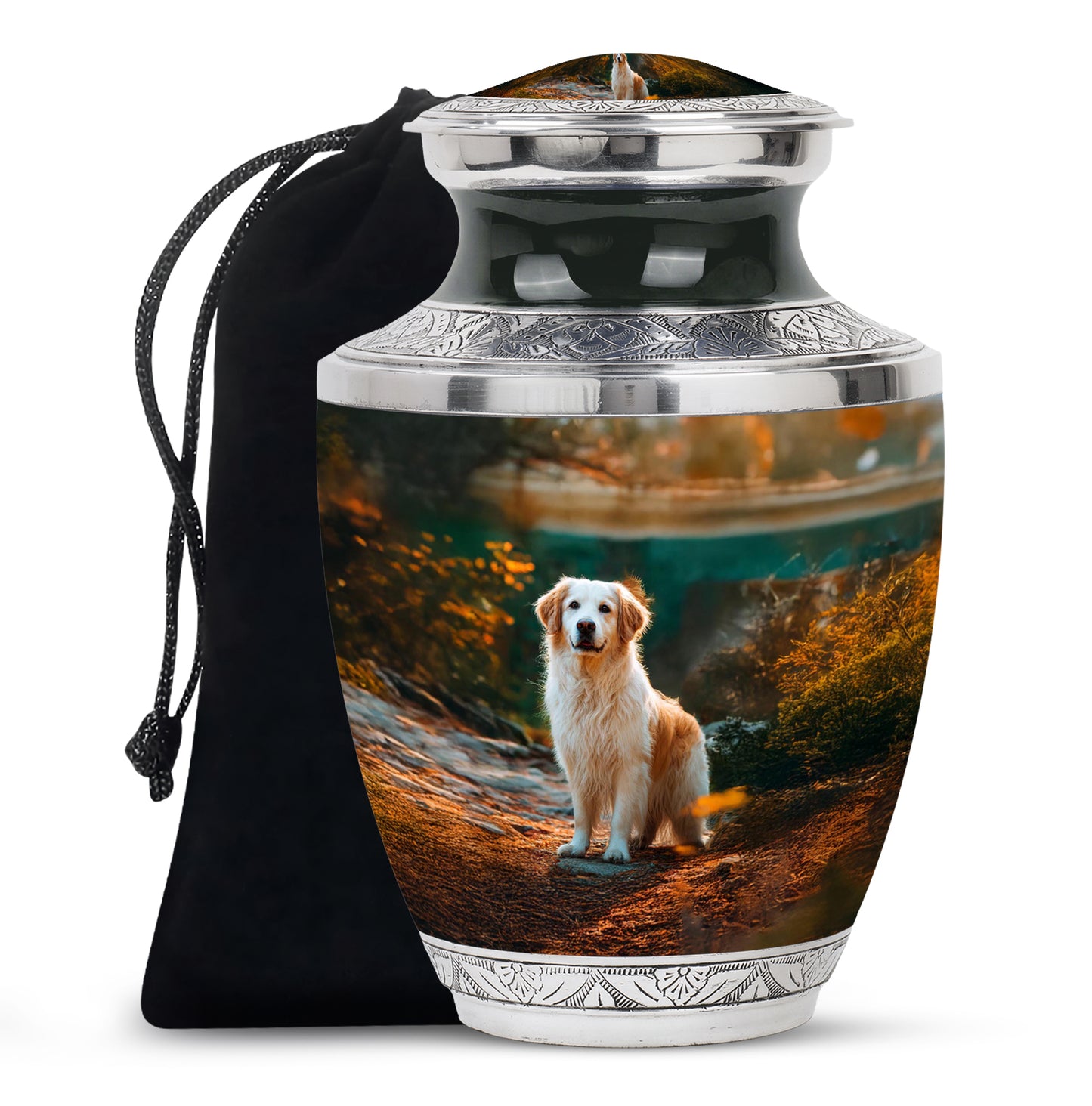 Obsidian Black Dog Cremation Urn side profile showing urn shape - stylized abstract dog pattern with bold lines - full-size 10 inch 200 cubic inch adult cremation urn