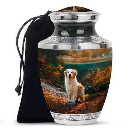 Obsidian Black Dog Cremation Urn side profile showing urn shape - stylized abstract dog pattern with bold lines - full-size 10 inch 200 cubic inch adult cremation urn