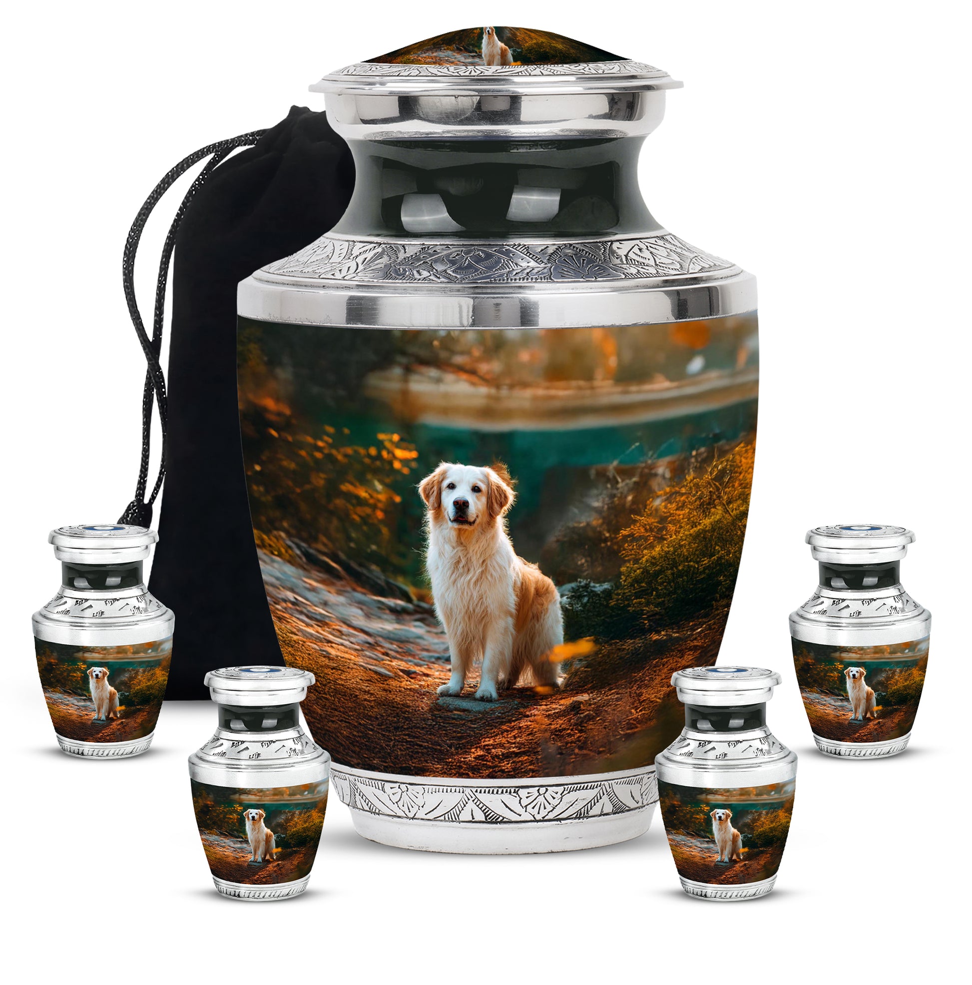 Ebony Dog Cremation Urn lifestyle display on memorial shelf - contemporary dog design with modern artistic flair - memorial set with one large and four small urns