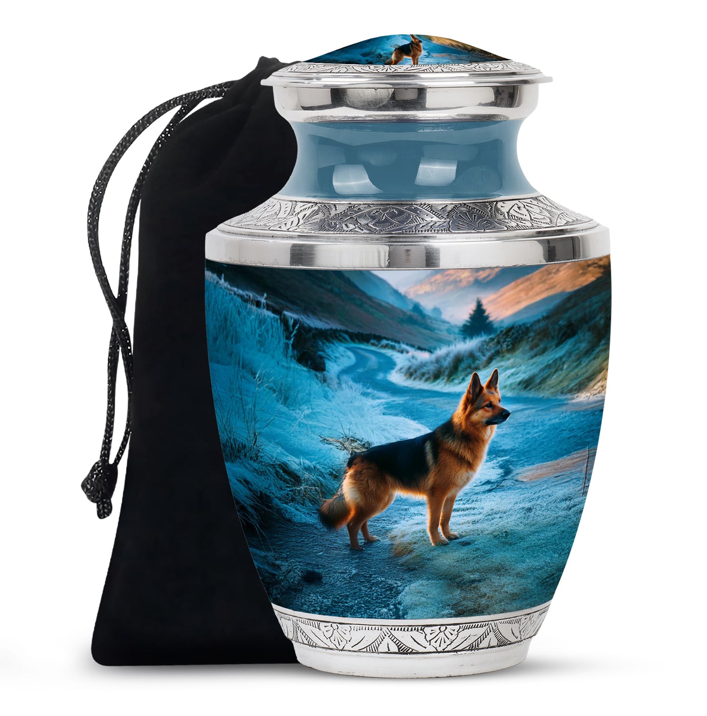 Dusty Blue Dog Cremation Urn side profile showing urn shape - contemporary dog design with modern artistic flair - full-size 10 inch 200 cubic inch adult cremation urn