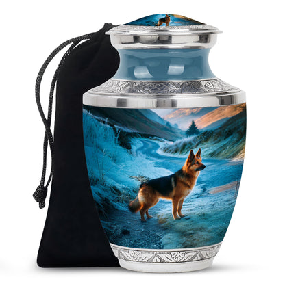 Dusty Blue Dog Cremation Urn side profile showing urn shape - contemporary dog design with modern artistic flair - full-size 10 inch 200 cubic inch adult cremation urn