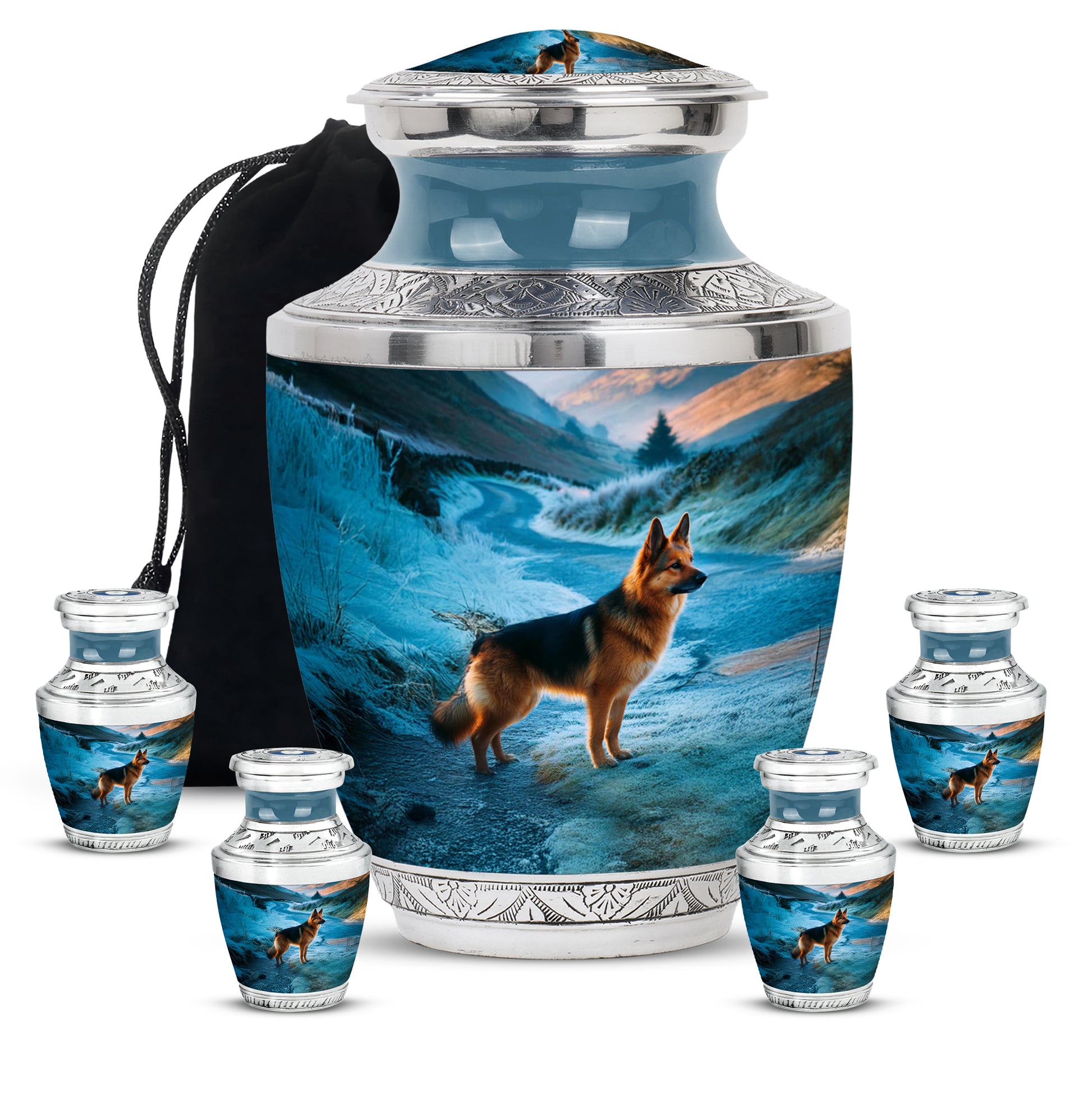 Icy Blue Dog Cremation Urn lifestyle display on memorial shelf - modern art-inspired dog motif on sleek aluminum - memorial set with one large and four small urns