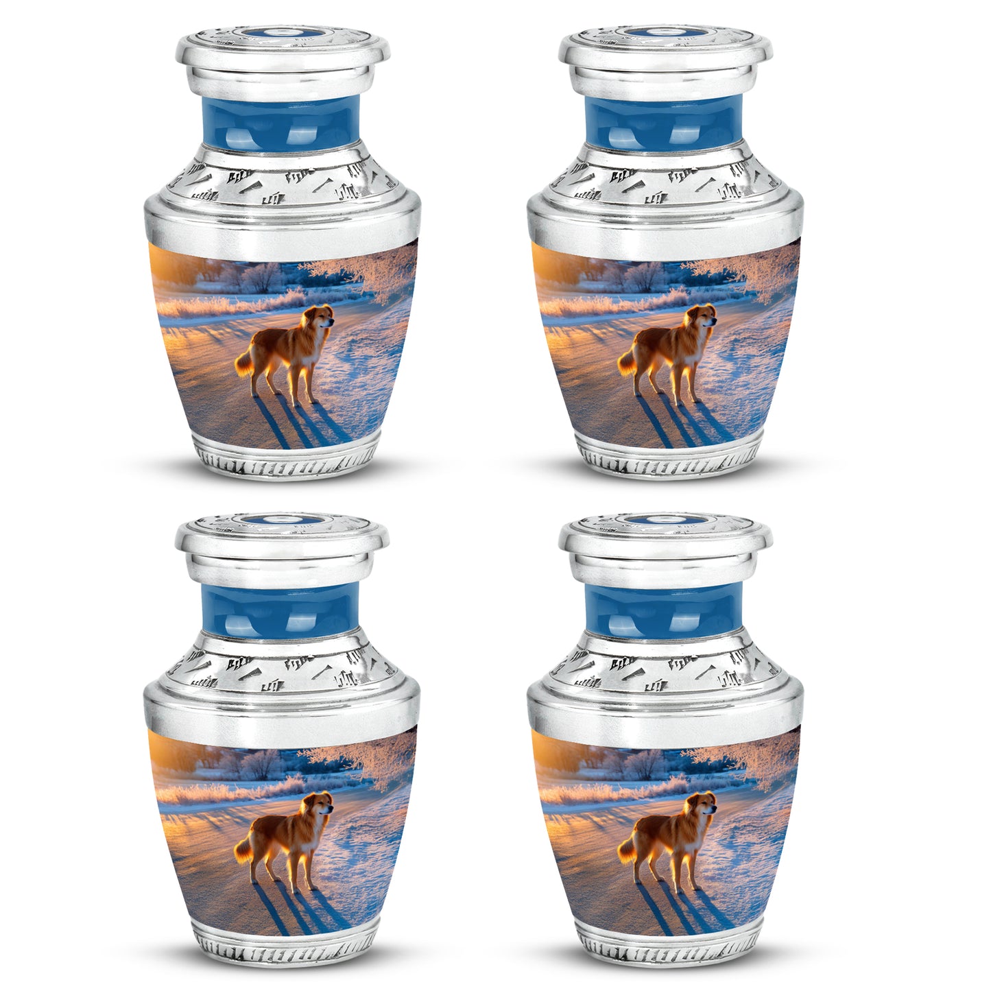 Soft Blue Dog Cremation Urn back view with polished surface - stylized abstract dog pattern with bold lines - 10 inch aluminum urn for cremated remains