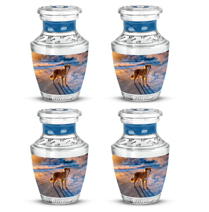Soft Blue Dog Cremation Urn back view with polished surface - stylized abstract dog pattern with bold lines - 10 inch aluminum urn for cremated remains