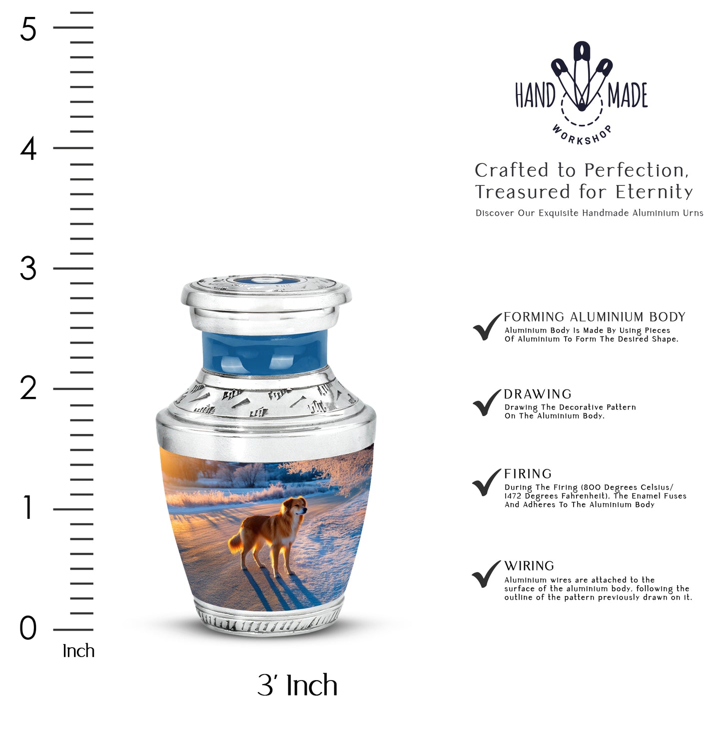 Serene Blue Dog Cremation Urn top-down view of secure threaded lid - artistic dog interpretation with creative detail - mini keepsake memorial for portion of cremation ashes