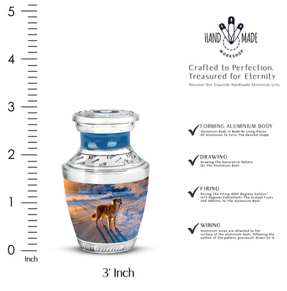Serene Blue Dog Cremation Urn top-down view of secure threaded lid - artistic dog interpretation with creative detail - mini keepsake memorial for portion of cremation ashes