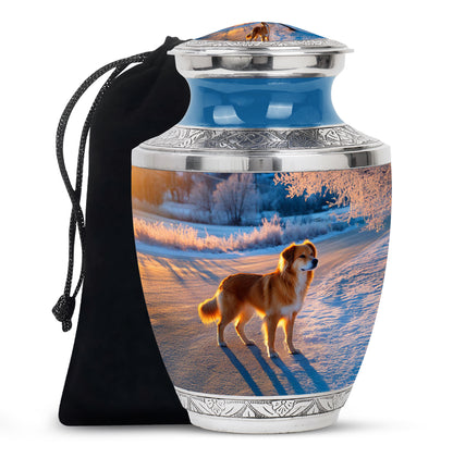 Vivid Blue Dog Cremation Urn side profile showing urn shape - stylized abstract dog pattern with bold lines - full-size 10 inch 200 cubic inch adult cremation urn