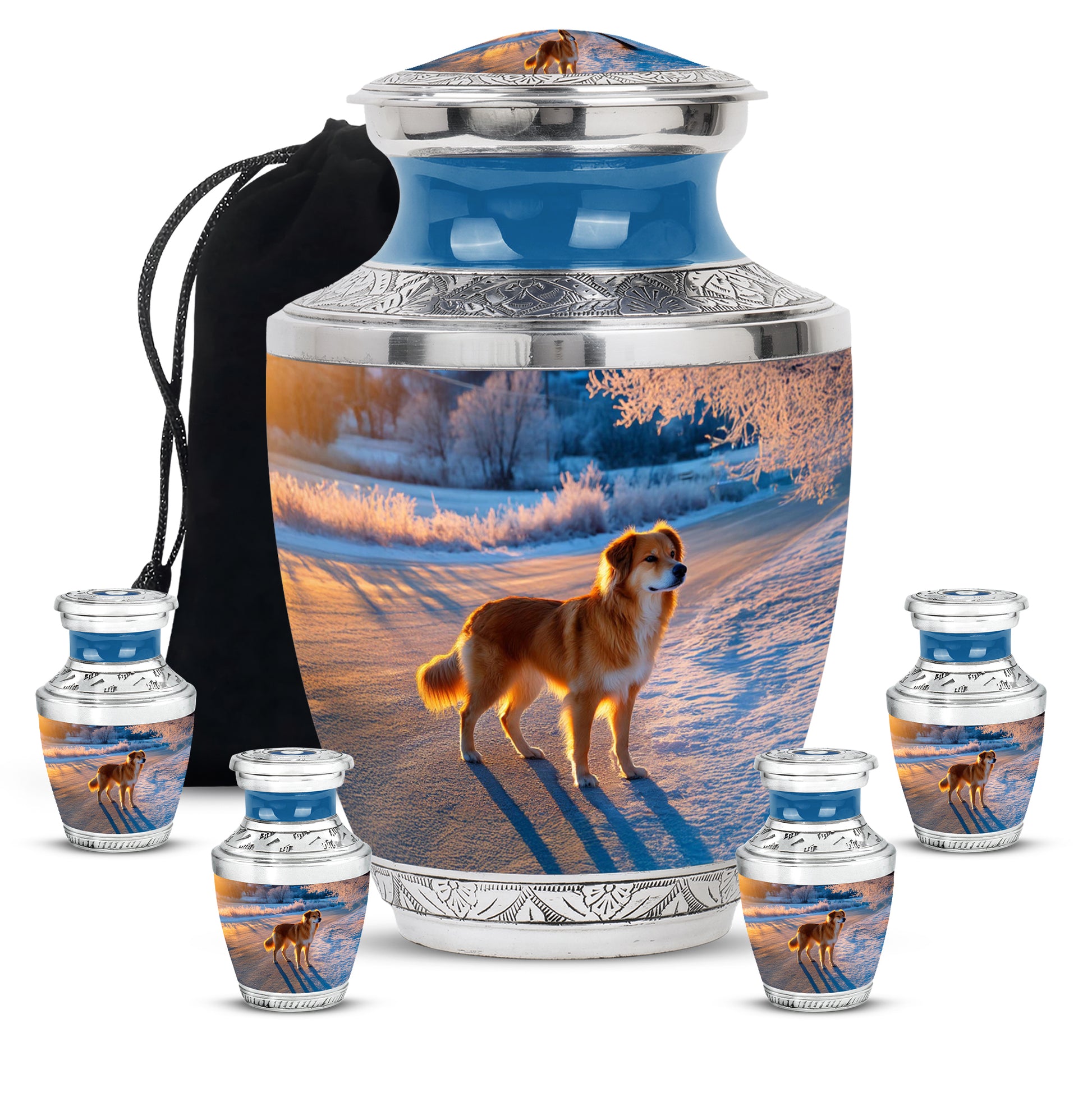Slate Blue Dog Cremation Urn lifestyle display on memorial shelf - contemporary dog design with modern artistic flair - memorial set with one large and four small urns
