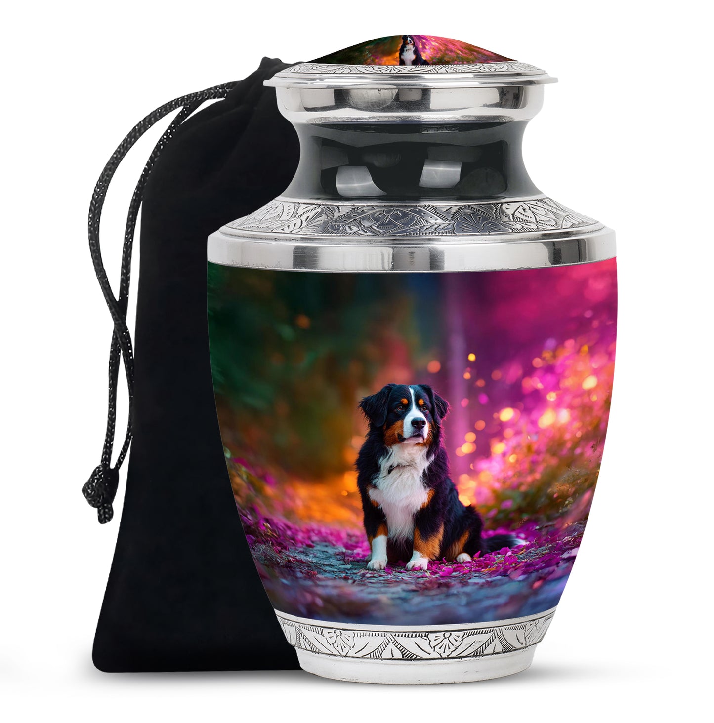Mint Green Dog Cremation Urn side profile showing urn shape - stylized abstract dog pattern with bold lines - full-size 10 inch 200 cubic inch adult cremation urn