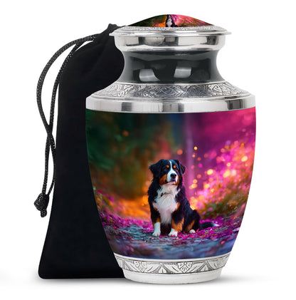 Mint Green Dog Cremation Urn side profile showing urn shape - stylized abstract dog pattern with bold lines - full-size 10 inch 200 cubic inch adult cremation urn