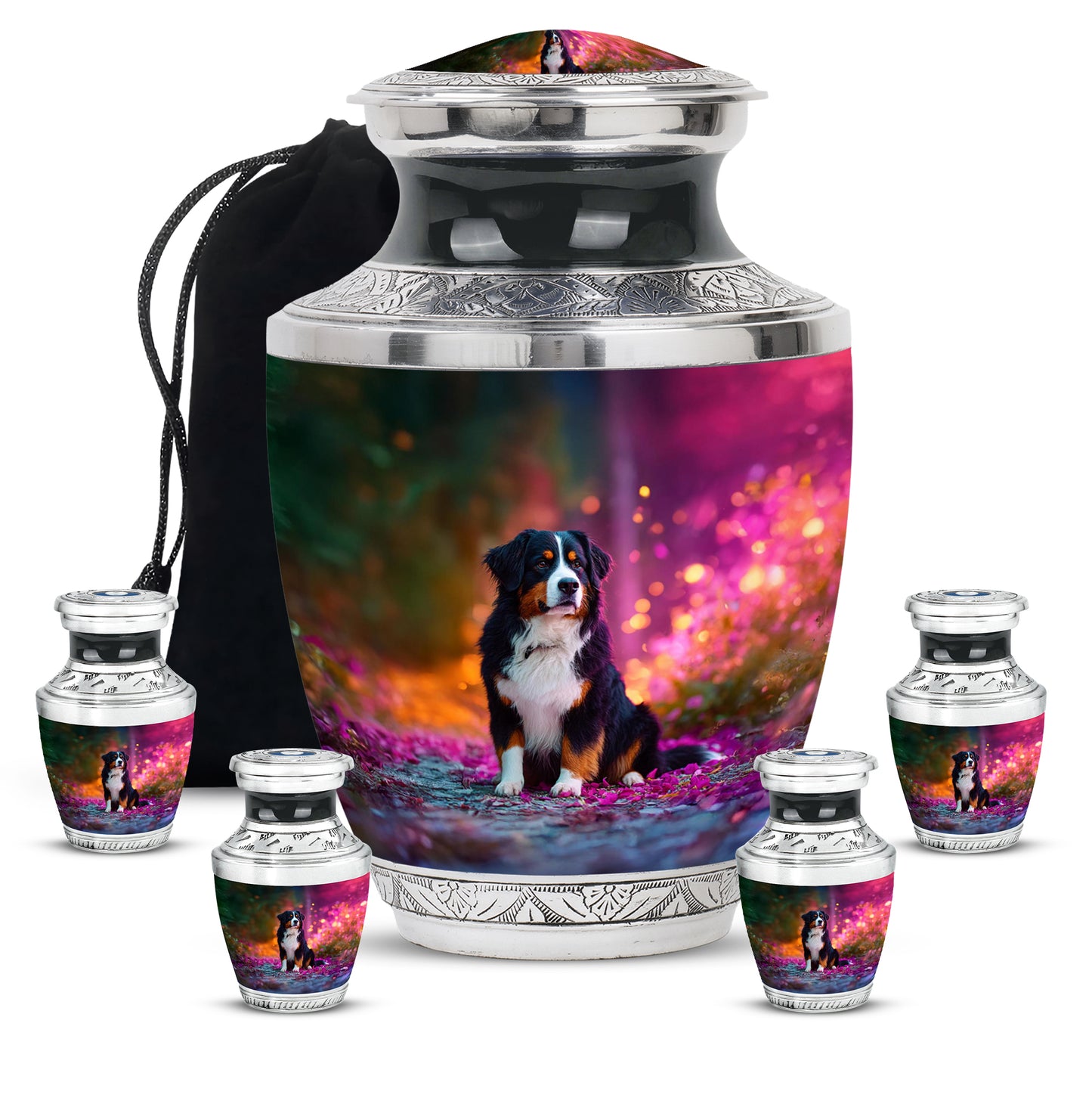 Moss Green Dog Cremation Urn lifestyle display on memorial shelf - contemporary dog design with modern artistic flair - memorial set with one large and four small urns