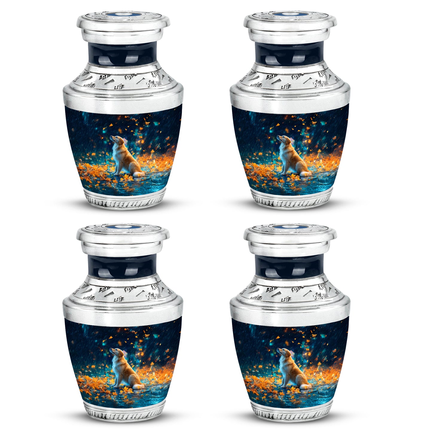 Powder Blue Dog Cremation Urn back view with polished surface - contemporary dog design with modern artistic flair - 10 inch aluminum urn for cremated remains