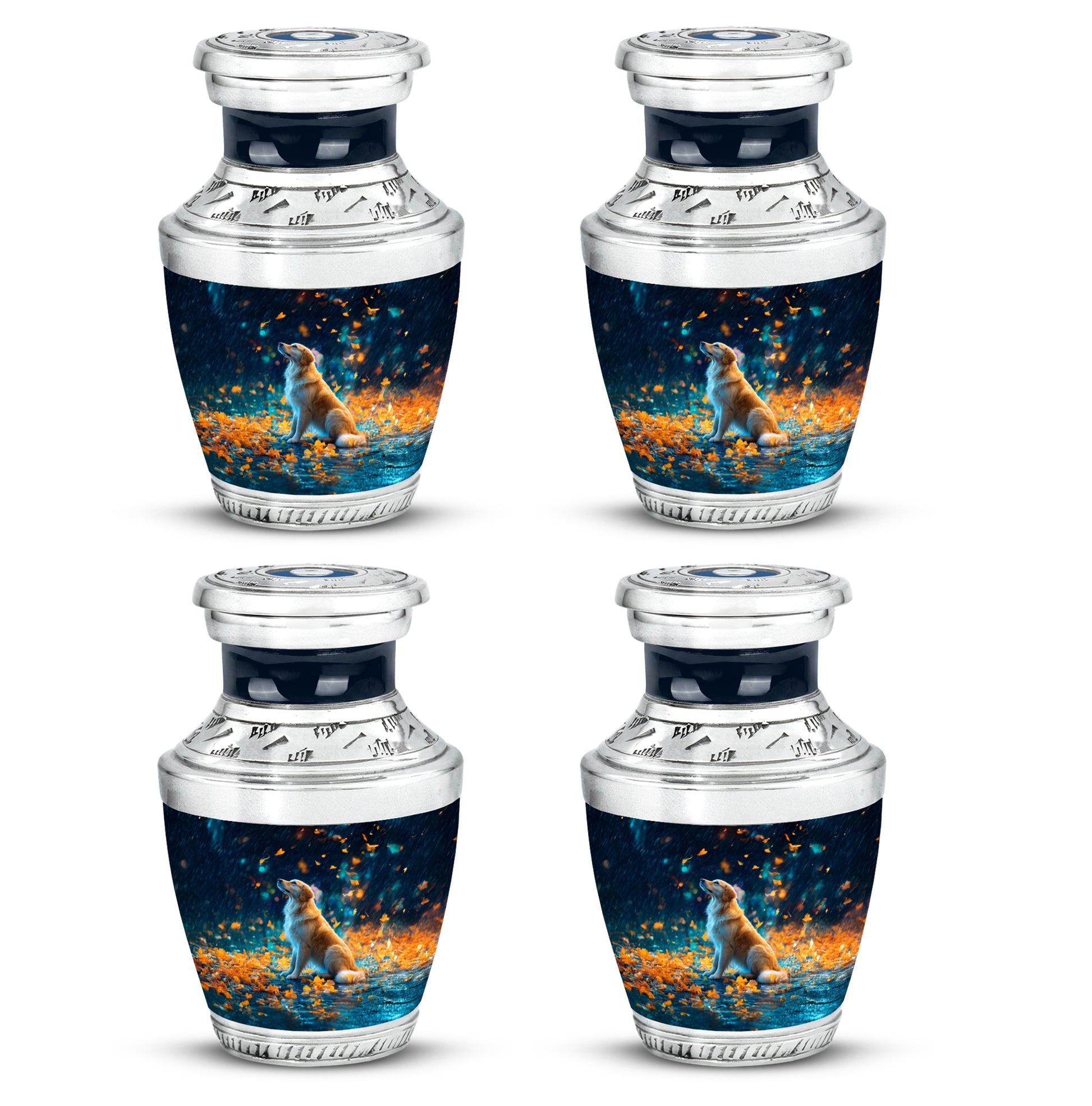 Powder Blue Dog Cremation Urn back view with polished surface - contemporary dog design with modern artistic flair - 10 inch aluminum urn for cremated remains