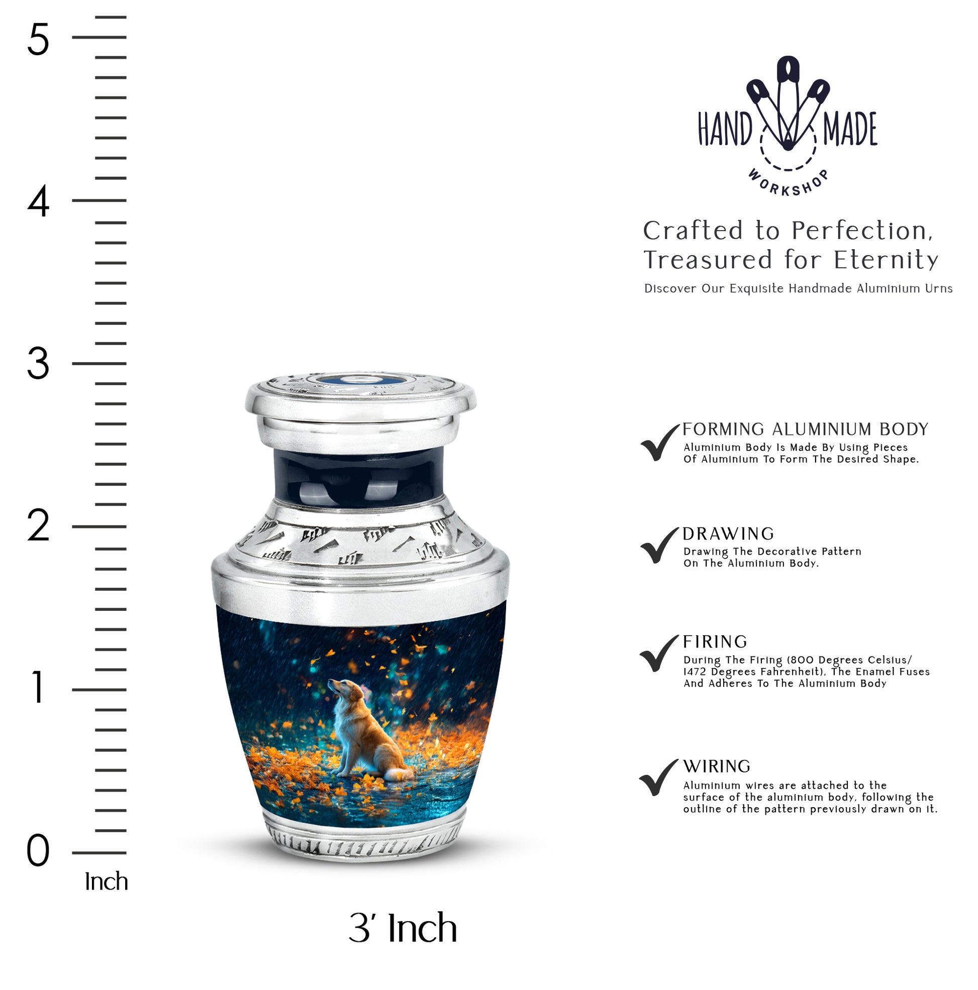 Cobalt Blue Dog Cremation Urn top-down view of secure threaded lid - artistic dog interpretation with creative detail - mini keepsake memorial for portion of cremation ashes