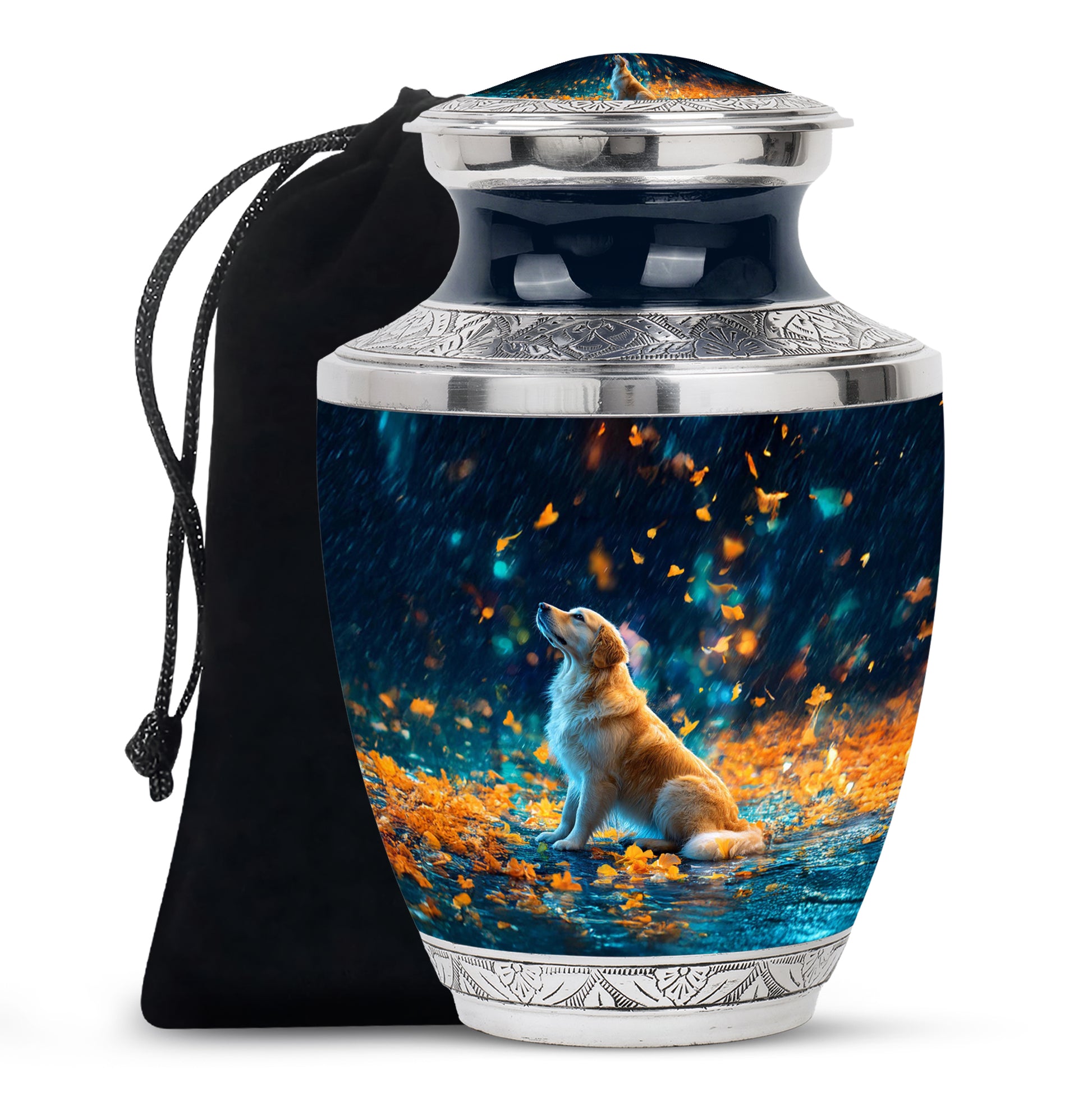 Powder Blue Dog Cremation Urn side profile showing urn shape - modern art-inspired dog motif on sleek aluminum - full-size 10 inch 200 cubic inch adult cremation urn