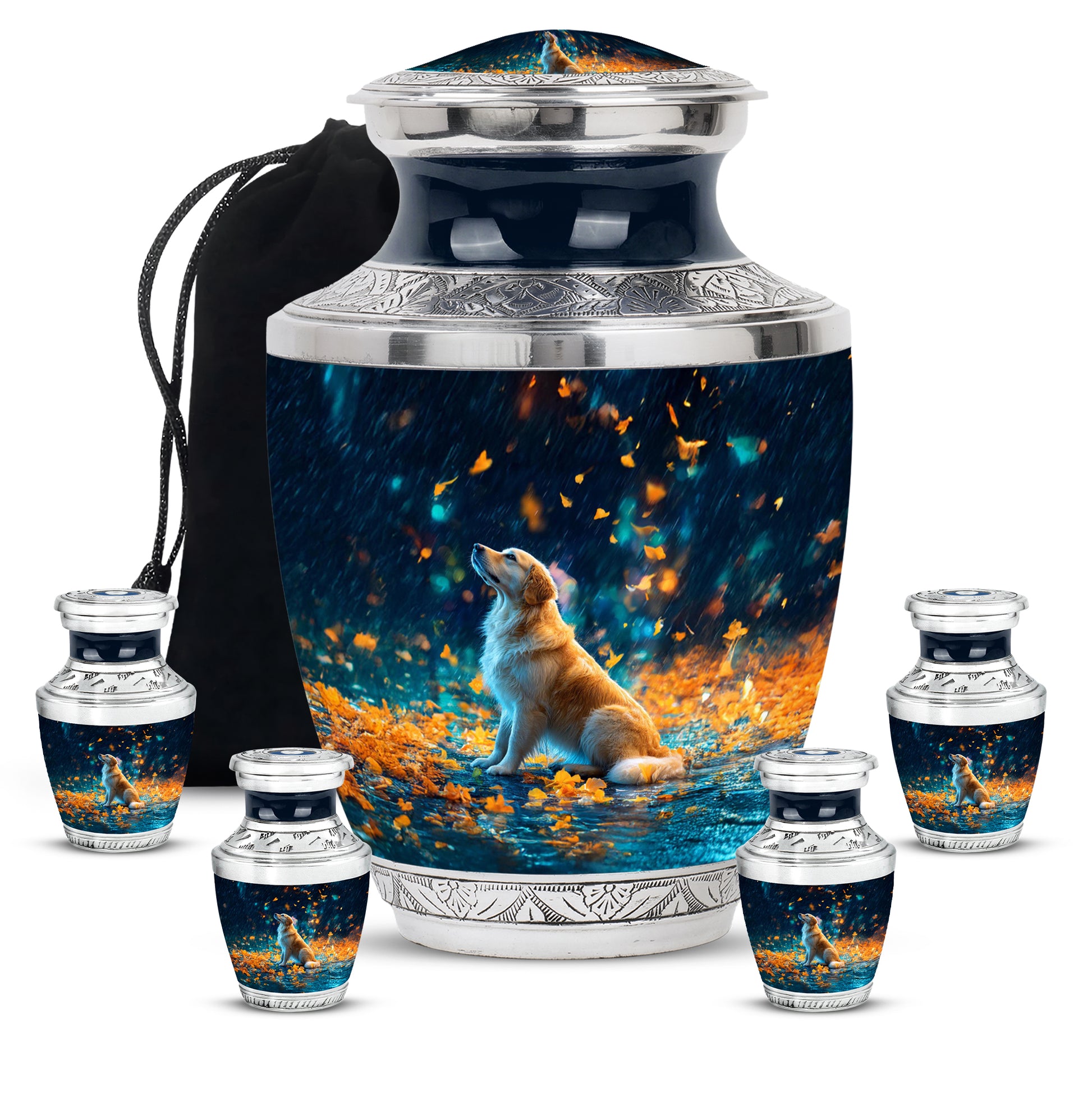 Bright Blue Dog Cremation Urn lifestyle display on memorial shelf - artistic dog interpretation with creative detail - memorial set with one large and four small urns
