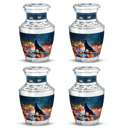 Azure Dog Cremation Urn back view with polished surface - contemporary dog design with modern artistic flair - 10 inch aluminum urn for cremated remains