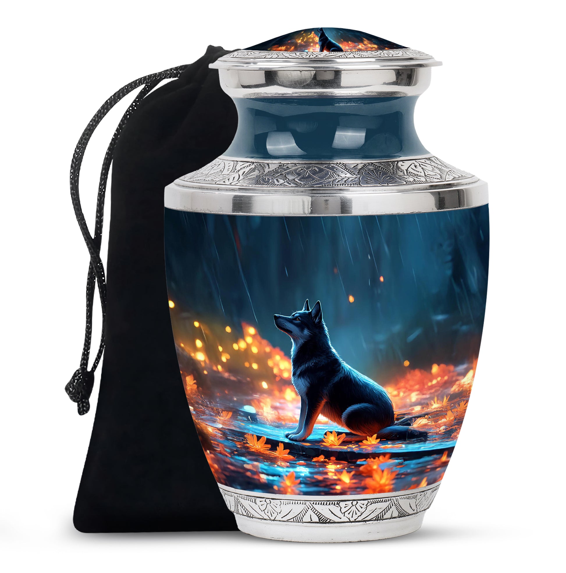 Pastel Blue Dog Cremation Urn side profile showing urn shape - modern art-inspired dog motif on sleek aluminum - full-size 10 inch 200 cubic inch adult cremation urn
