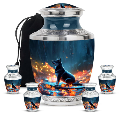 Indigo Dog Cremation Urn lifestyle display on memorial shelf - contemporary dog design with modern artistic flair - memorial set with one large and four small urns