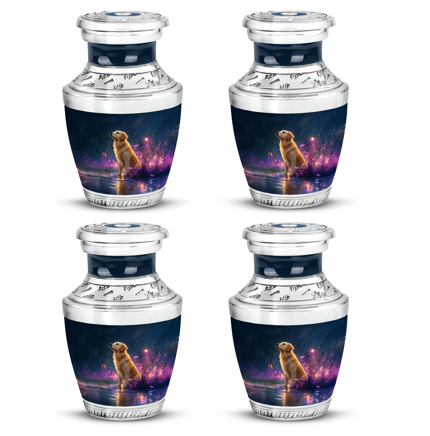 Bright Blue Dog Cremation Urn back view with polished surface - stylized abstract dog pattern with bold lines - 10 inch aluminum urn for cremated remains