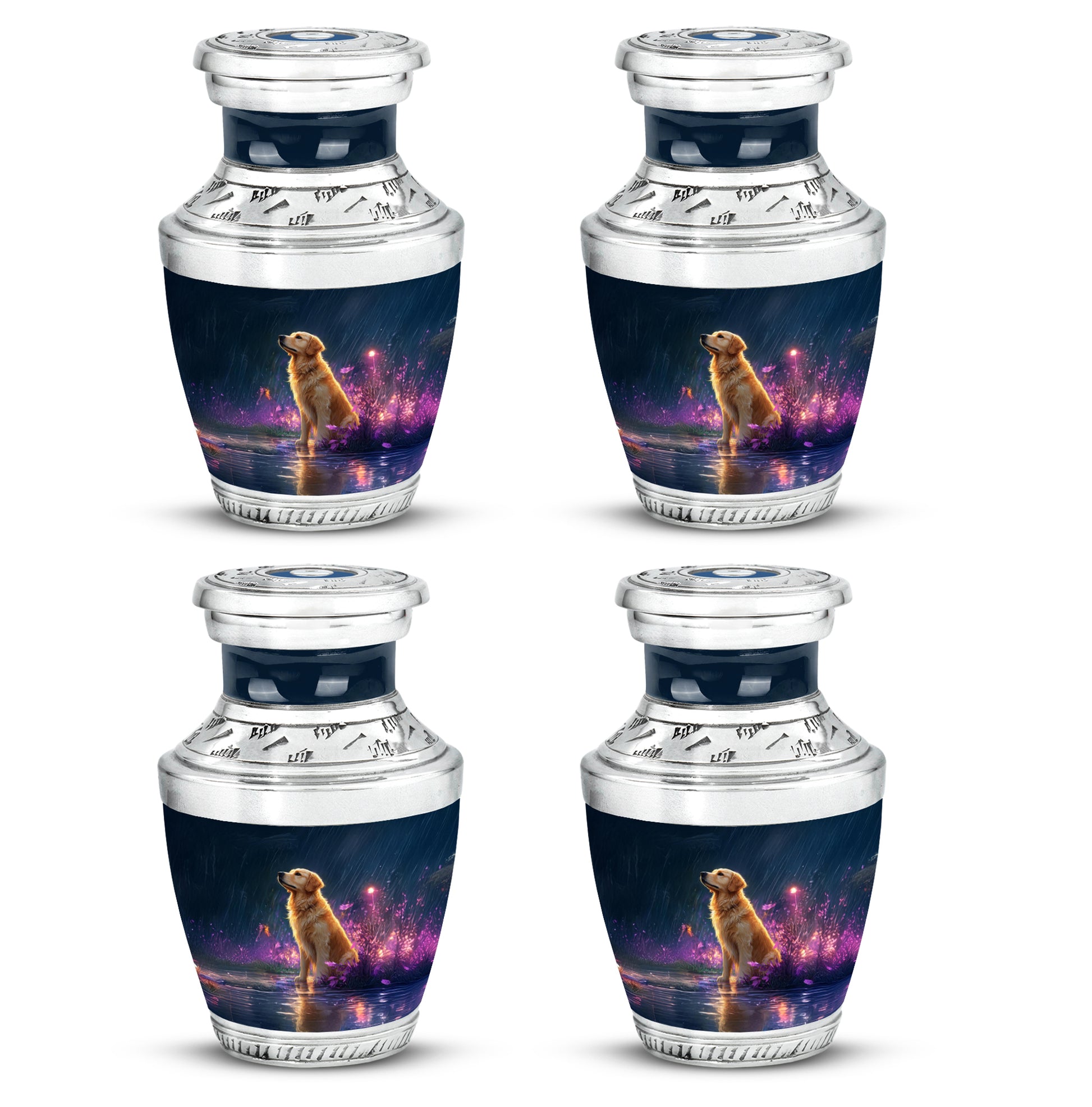 Bright Blue Dog Cremation Urn back view with polished surface - stylized abstract dog pattern with bold lines - 10 inch aluminum urn for cremated remains